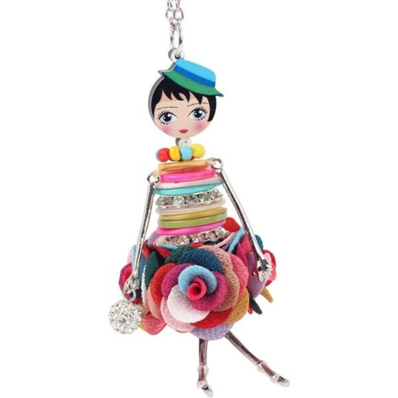 Handmade Paris Doll Necklace Crystal Dress Pendant, Flower Fashion Jewelry Gift - Picture 3 of 7